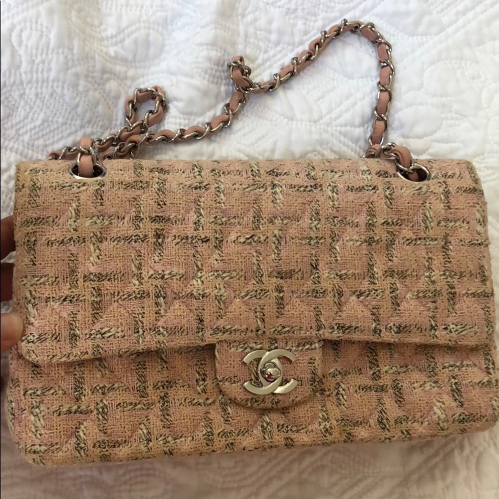 SOLD.  Chanel double flap pink tweed bag